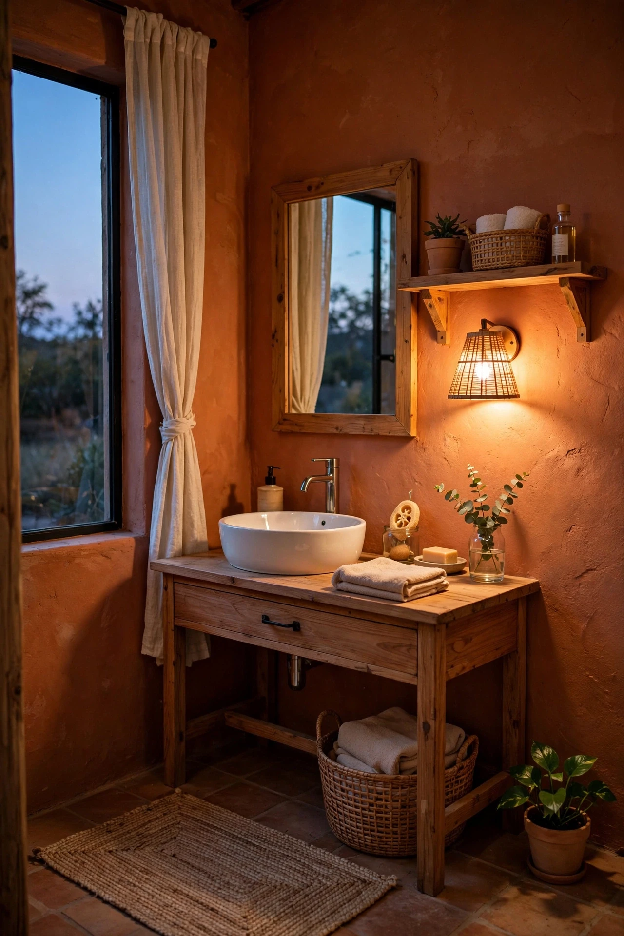 Bathroom glowing with warm light over terracotta walls and tiles