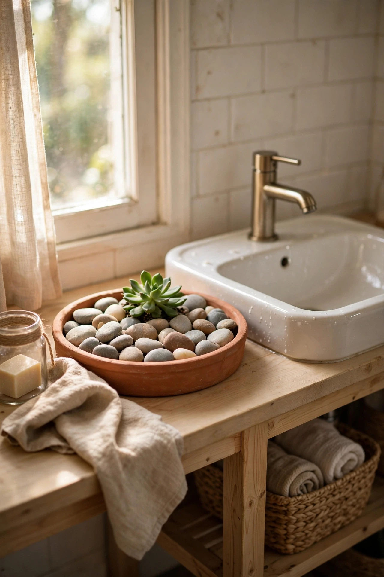 Terracotta tray filled with smooth pebbles beside a bathroom sink