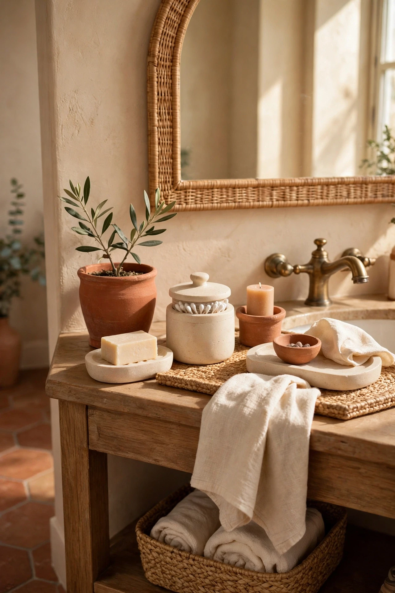 Terracotta and cream stone accessories on a Mediterranean bathroom vanity