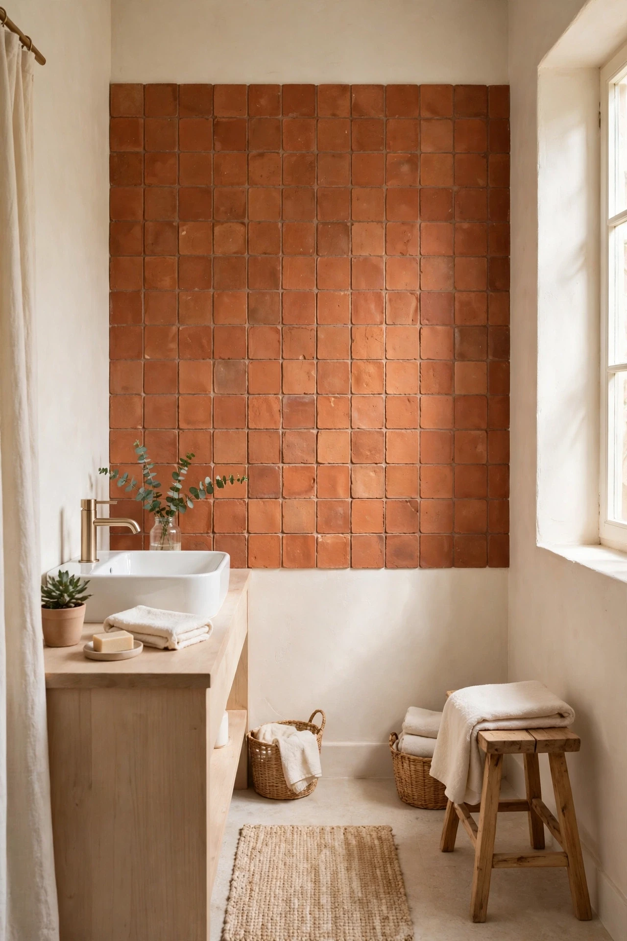 Calm bathroom with one terracotta feature wall and cream surroundings