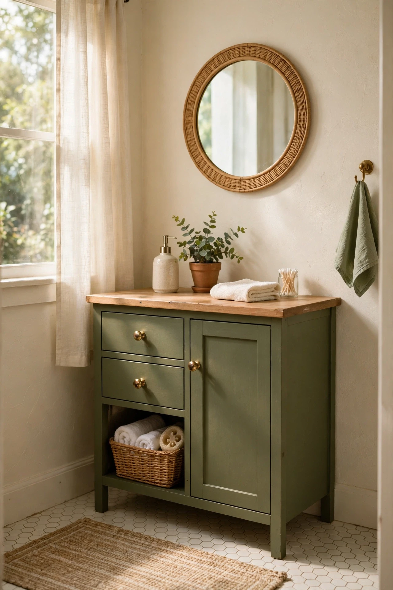 Bathroom vanity painted olive green with brass knobs and cream walls
