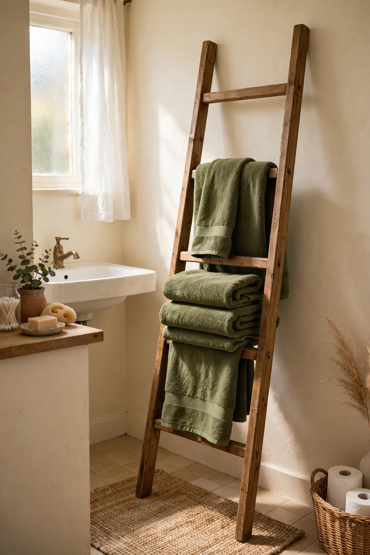 Olive green towels folded on a ladder in a cream bathroom