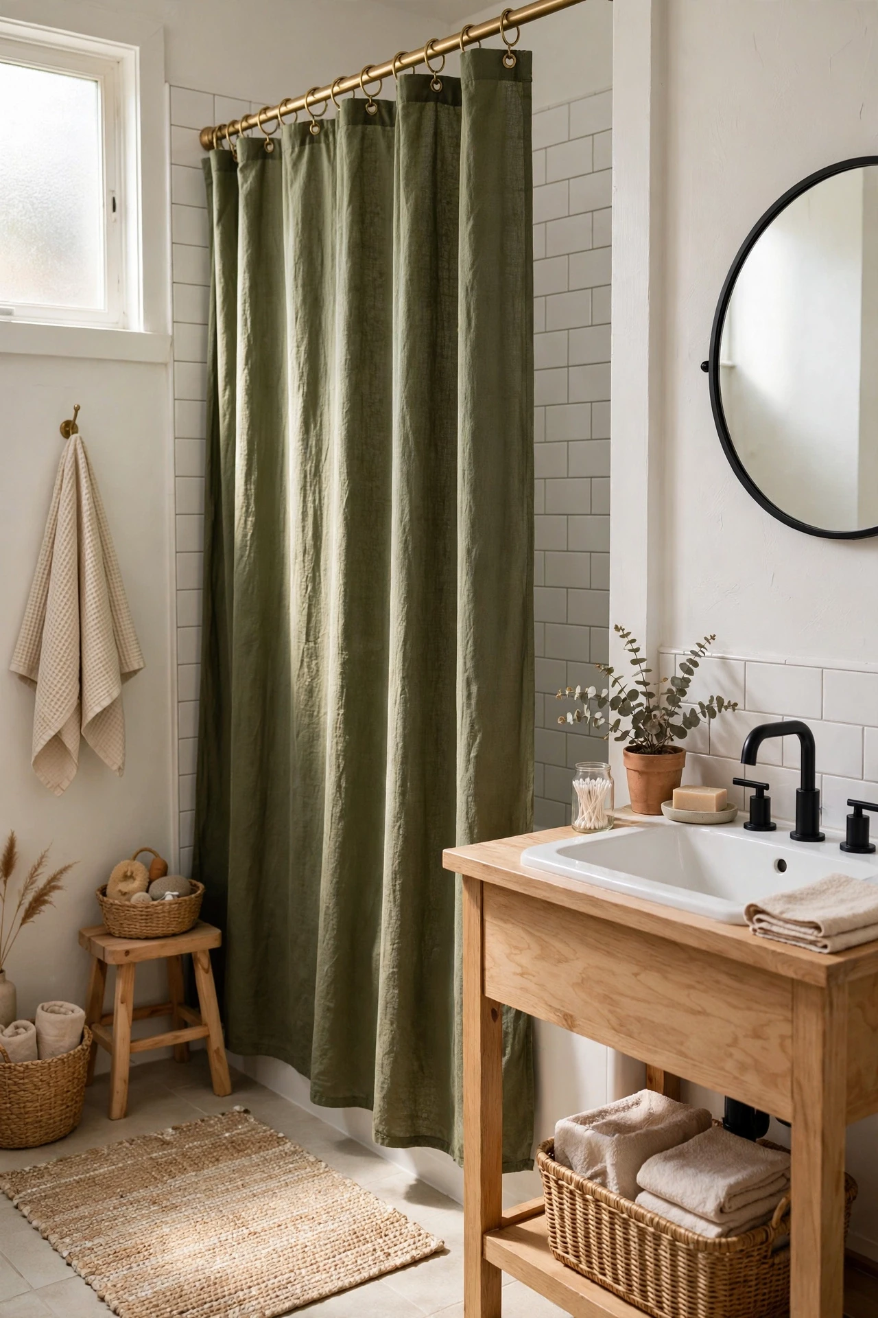 Olive green shower curtain with brass rings in a modern bathroom