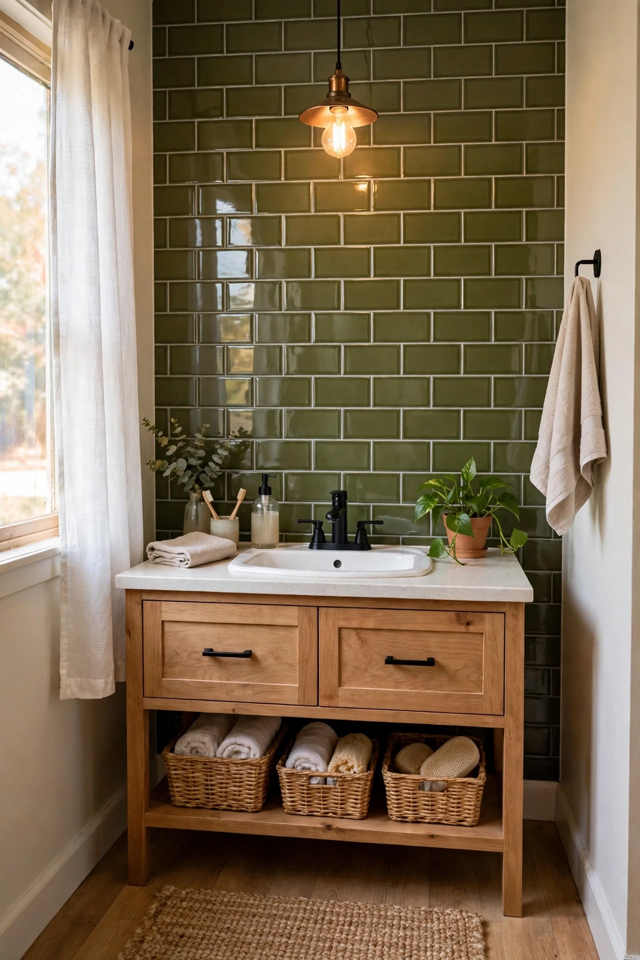 Glossy olive subway tile feature wall behind a bathroom vanity