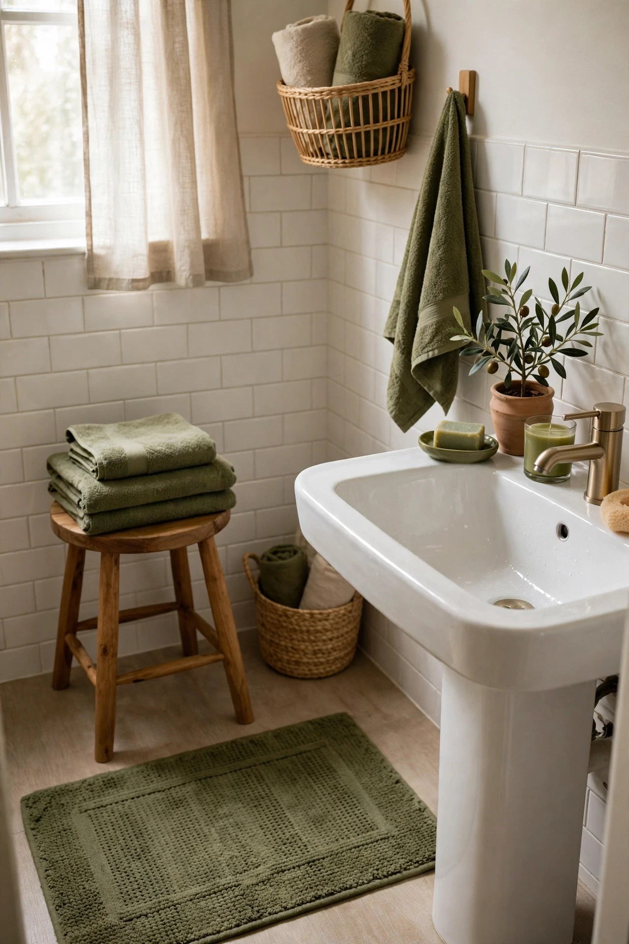 Olive bathroom accents paired with warm wooden stool and bath mat