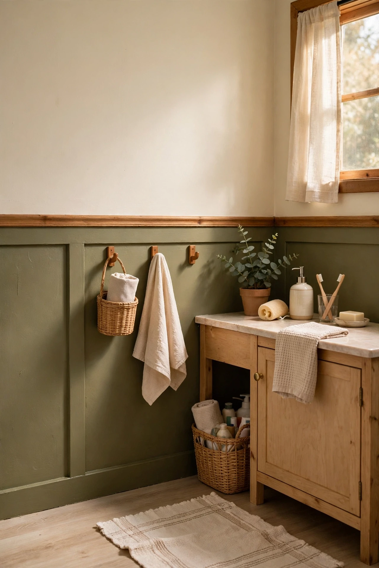 Bathroom wall painted olive on lower half with cream upper half