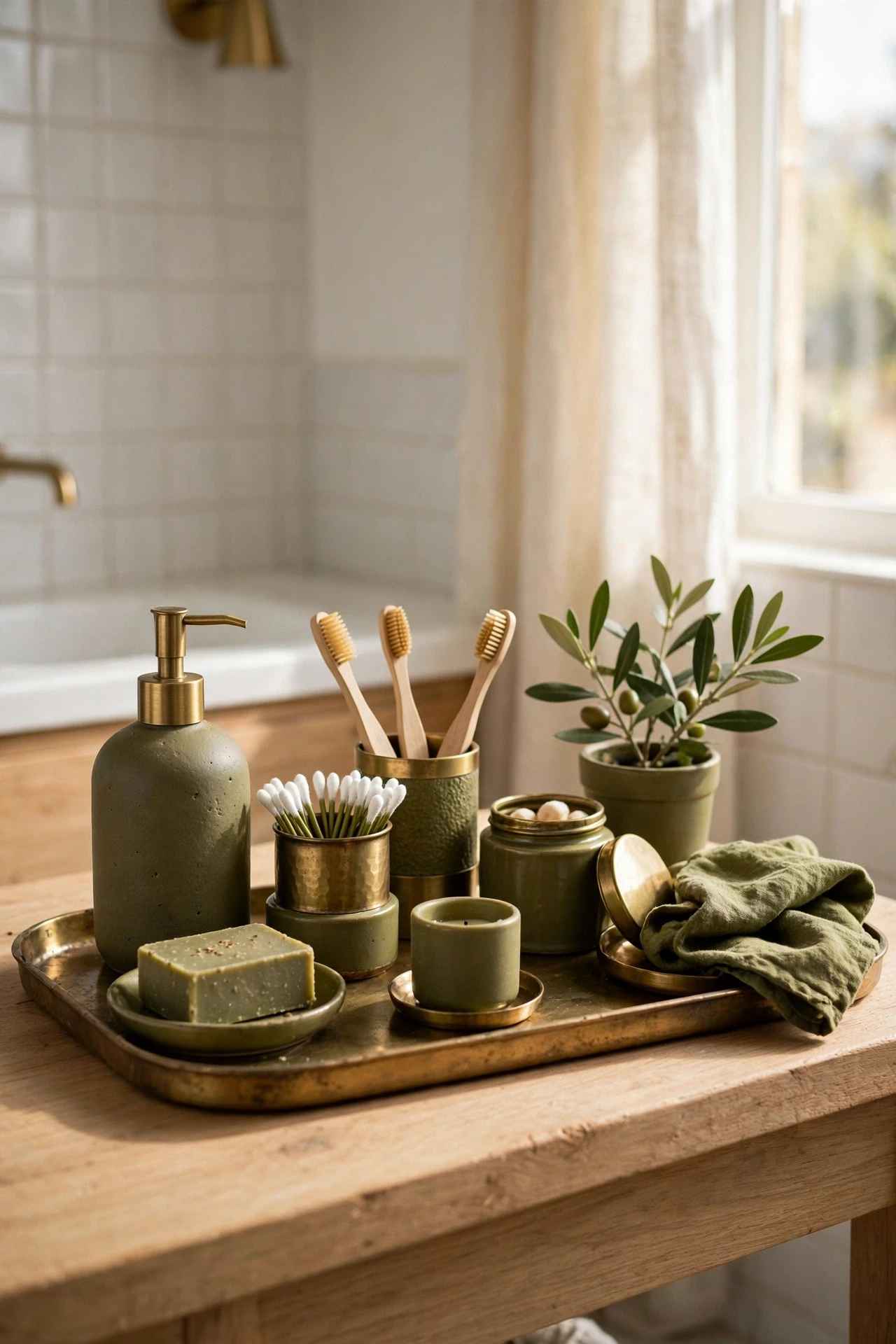 Olive and brass bathroom accessories on a vanity tray