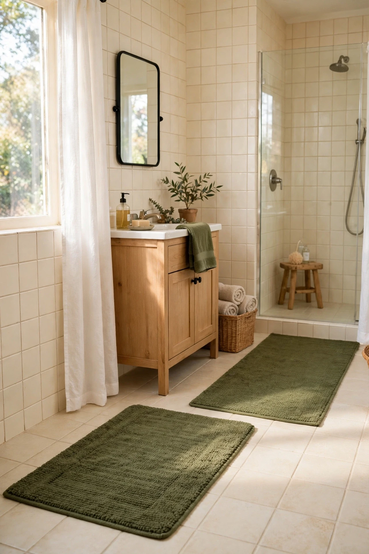Olive bath mat and runner in a bright modern bathroom