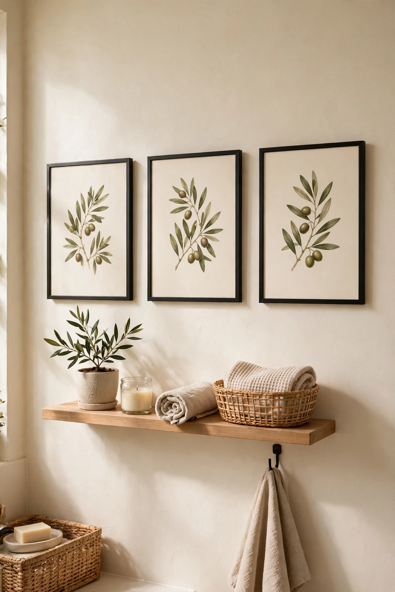 Olive art prints in slim black frames on a bathroom wall