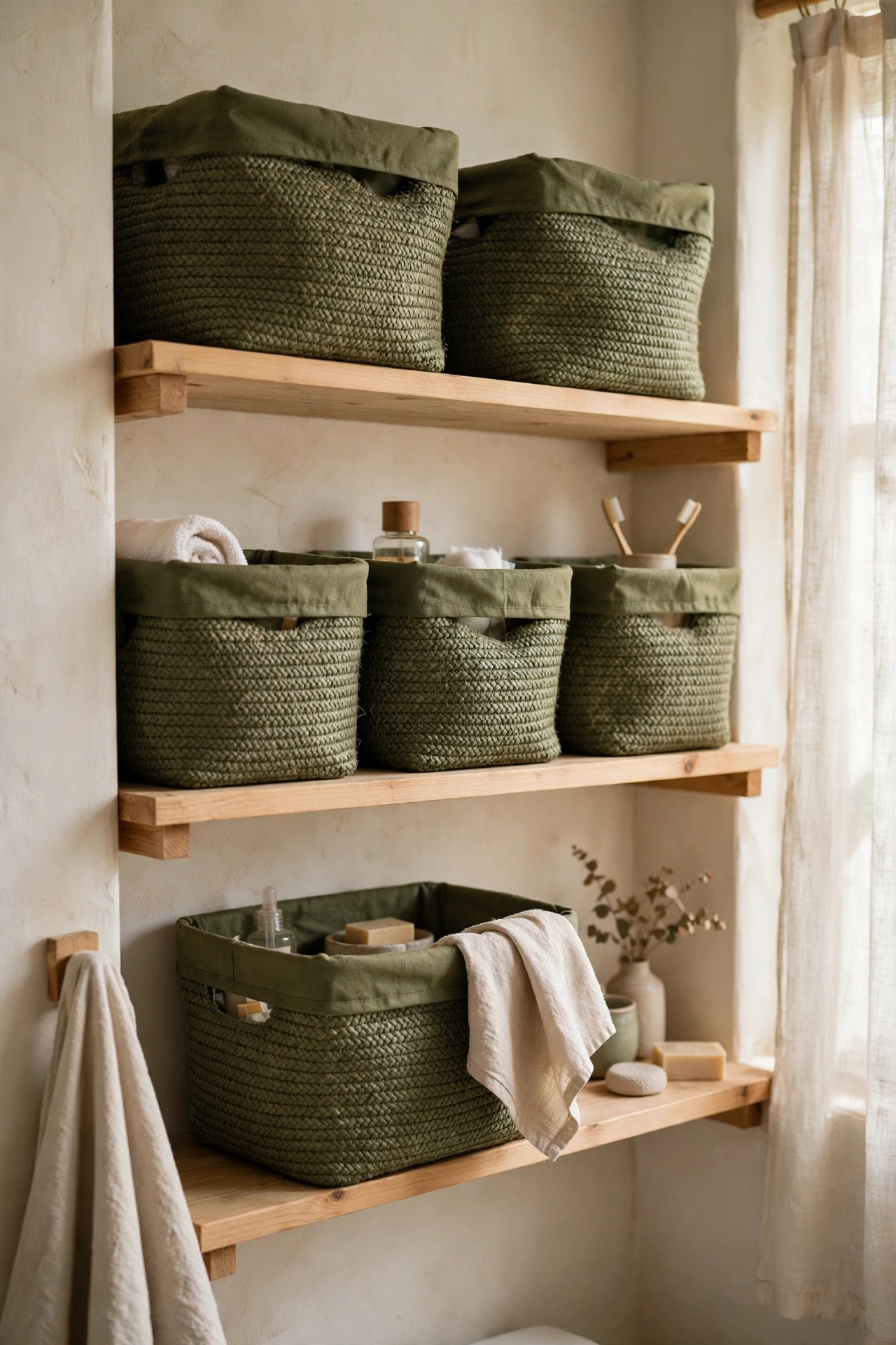 Olive storage baskets on open bathroom shelves hiding toiletries
