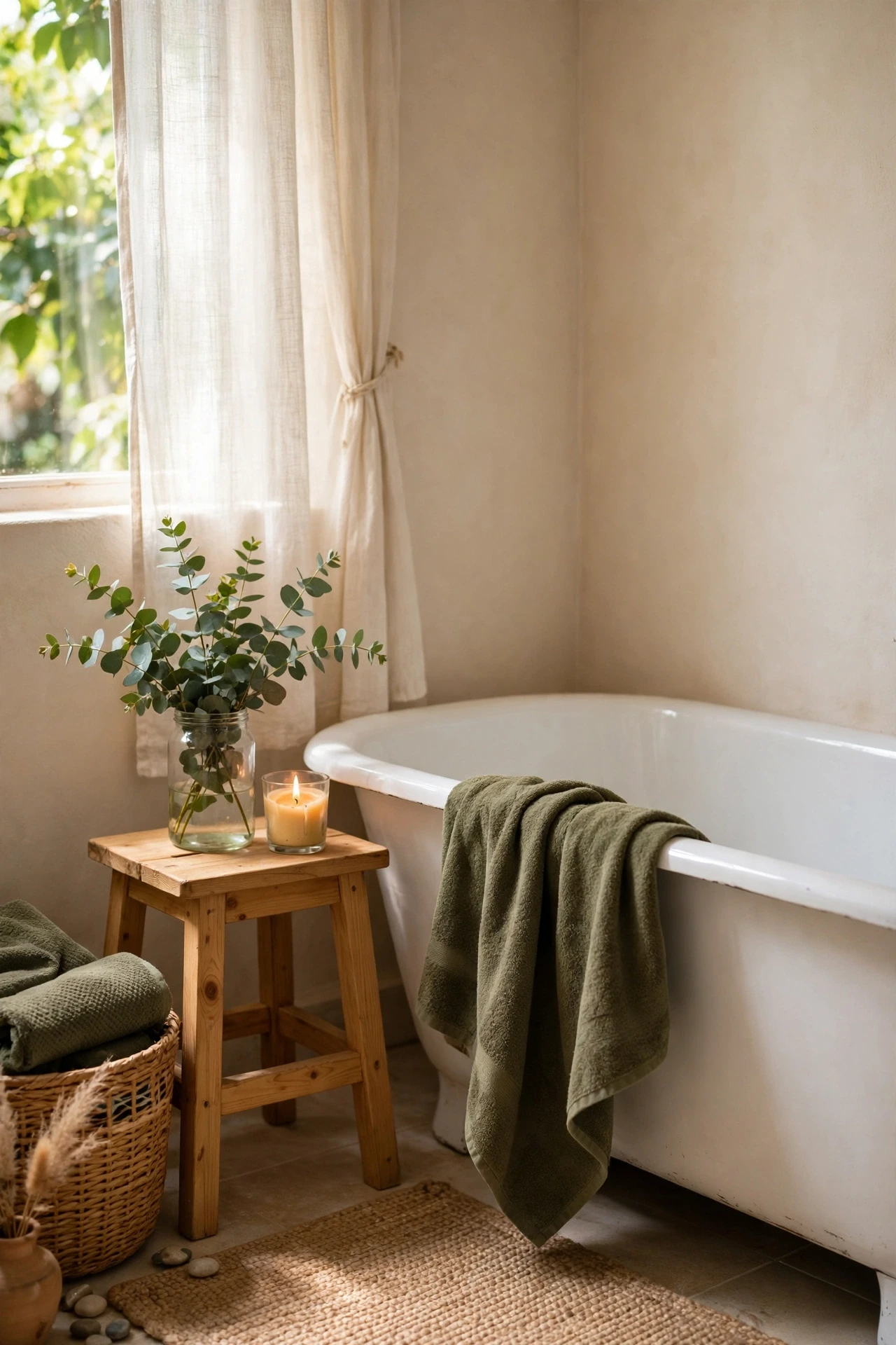Spa corner with olive towel, eucalyptus jar and candle near a bathtub