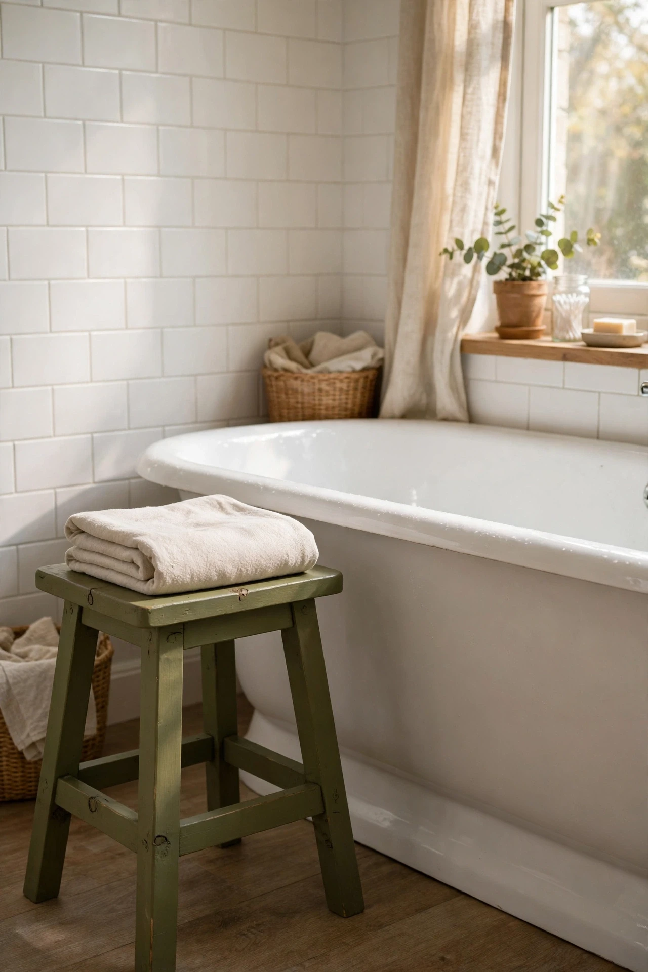 Wooden stool painted olive green beside a bathroom tub