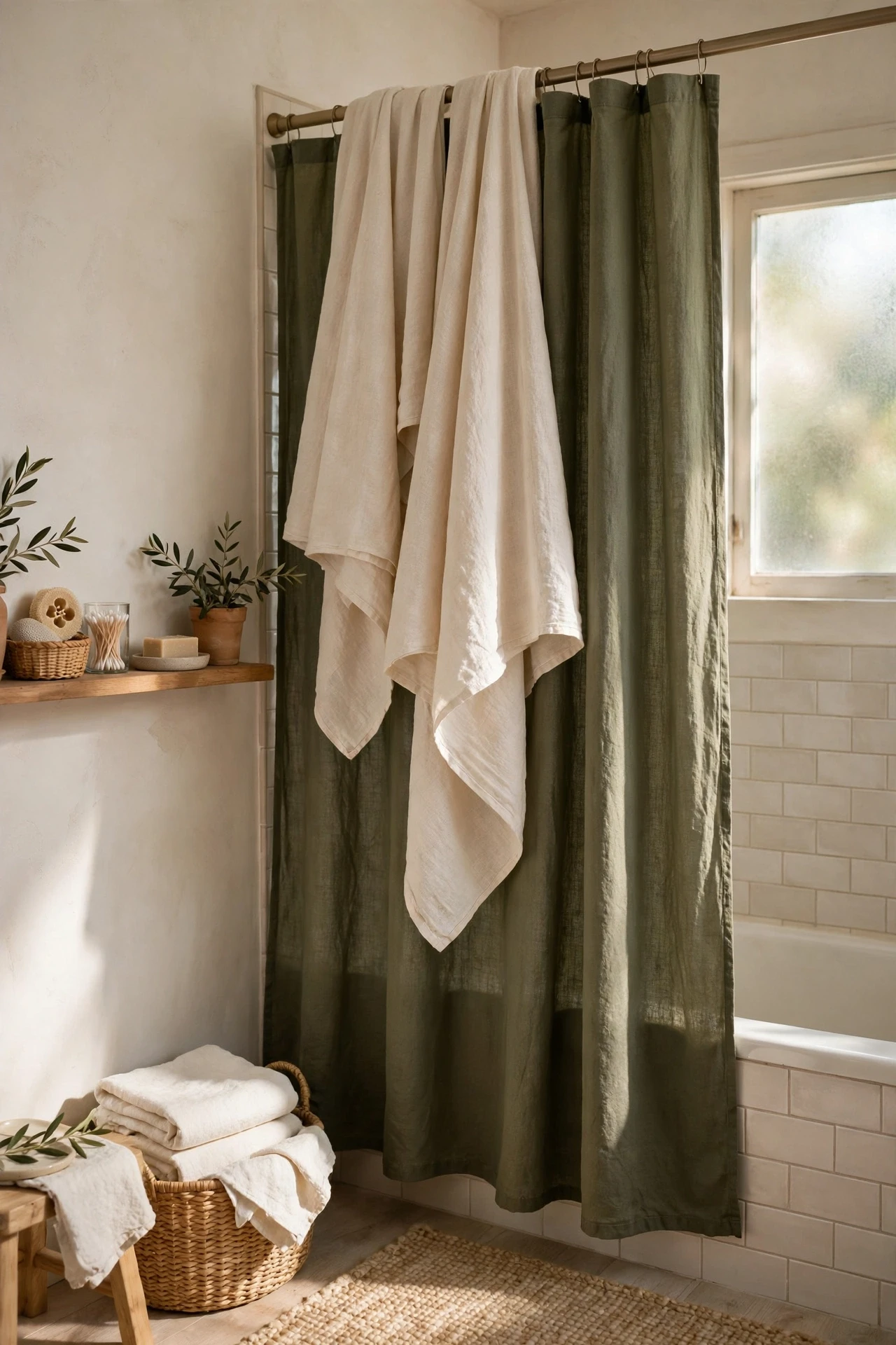 Olive shower curtain layered with cream linen towels in a bathroom