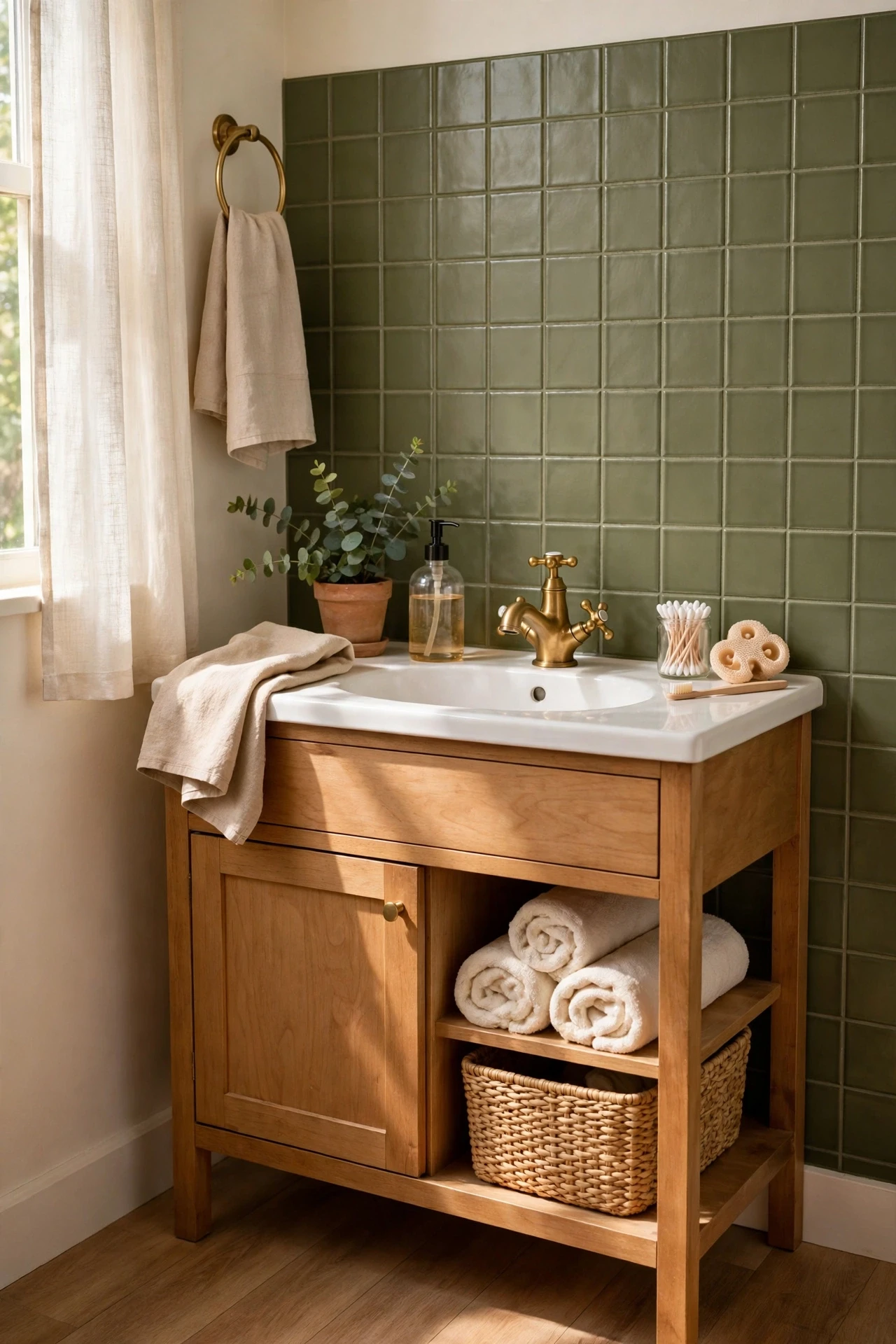 Olive peel-and-stick tile backsplash behind a bathroom vanity