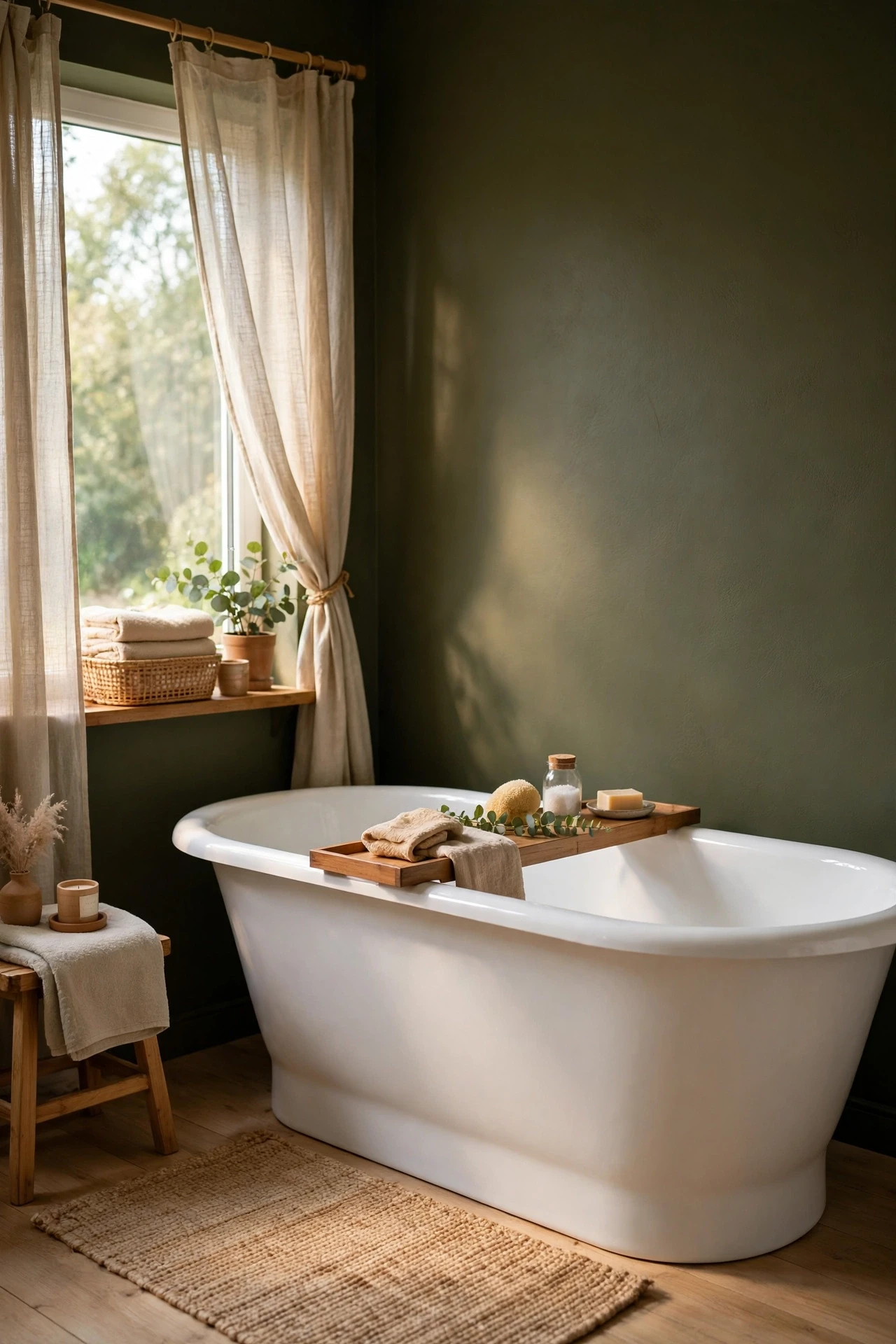 Freestanding white tub against a deep olive accent wall