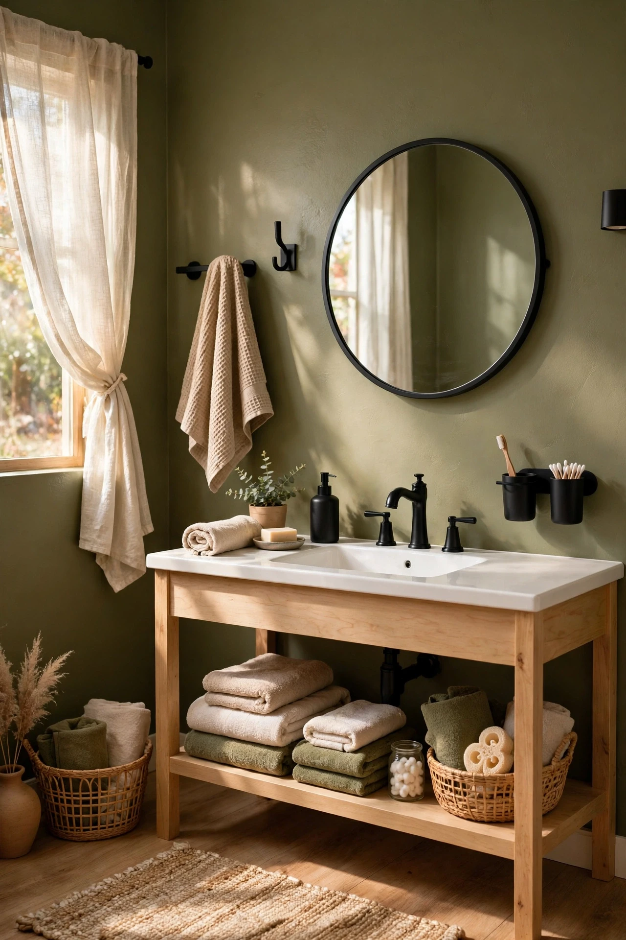 Olive bathroom wall with matte black fixtures and mirror frame