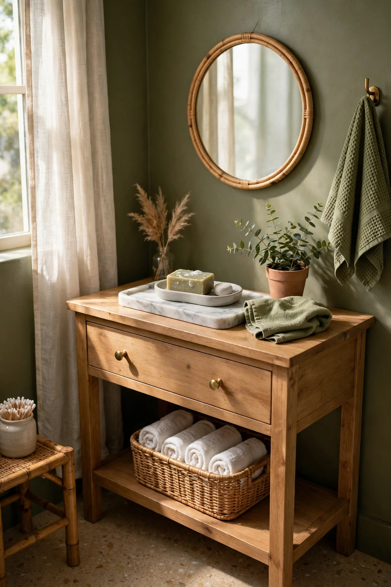 Olive bathroom styled with a marble tray and soap dish