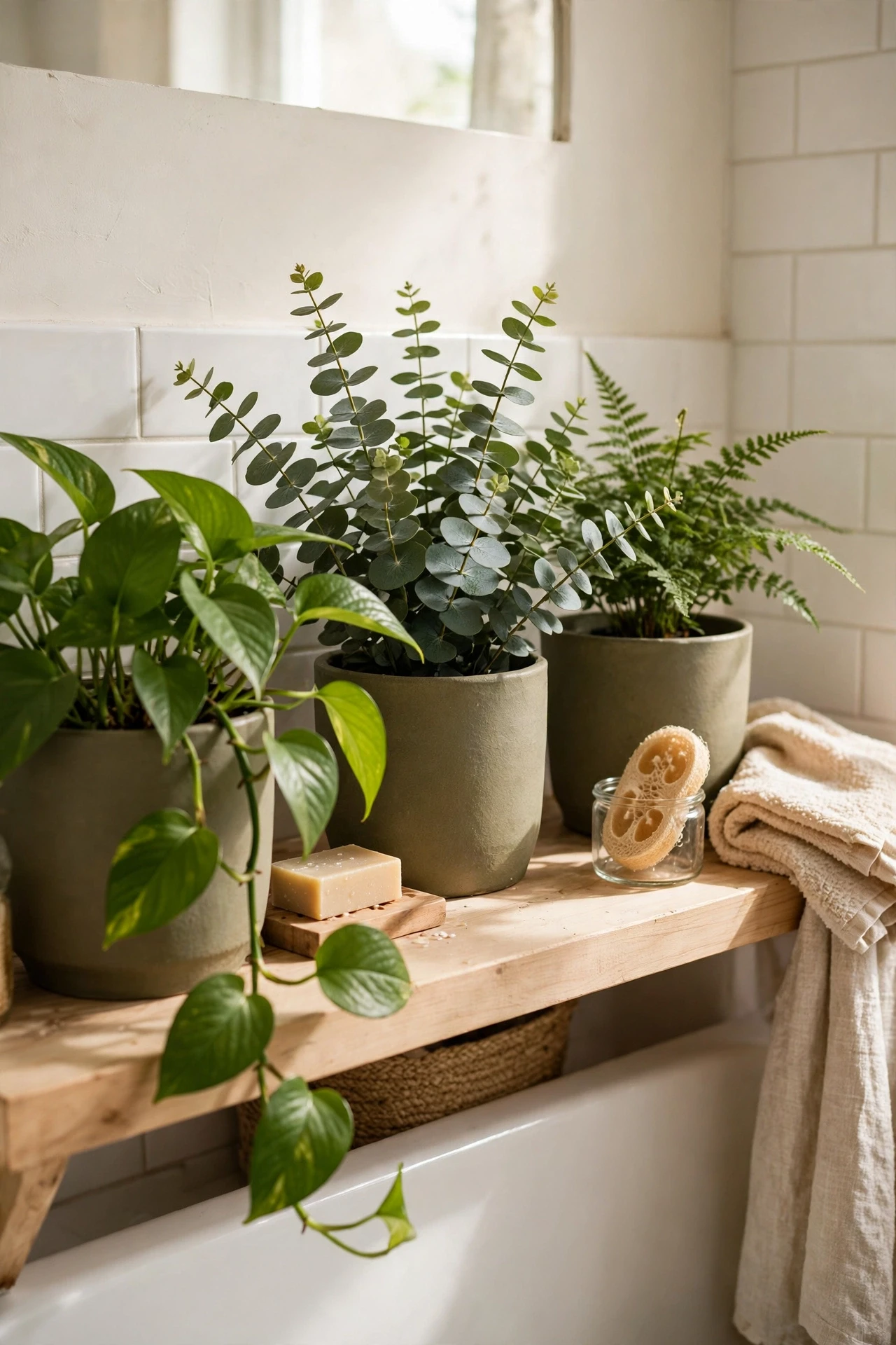 Leafy plants in matte olive ceramic pots on a bathroom shelf