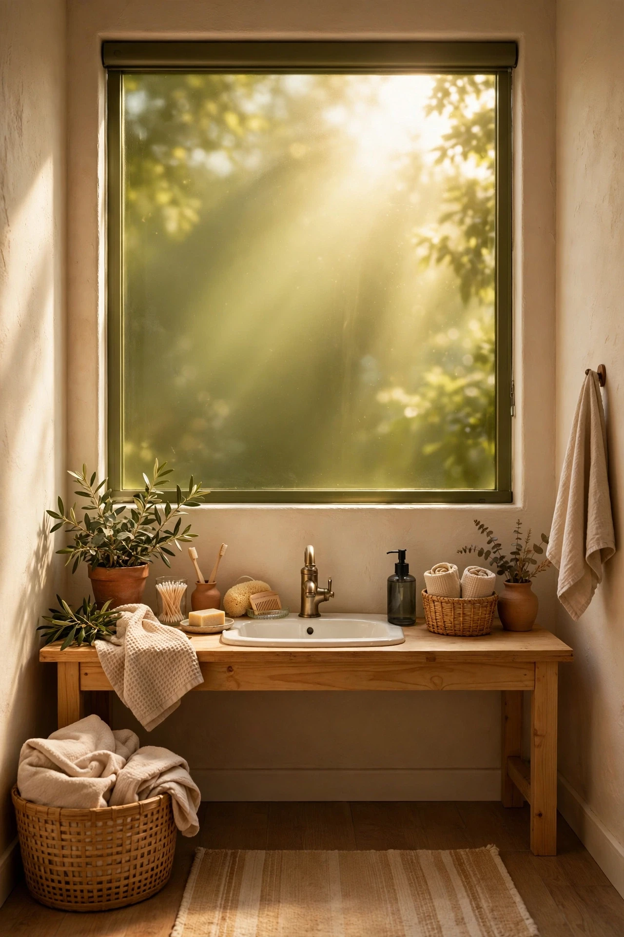 Bathroom window with olive tinted privacy film glowing in daylight