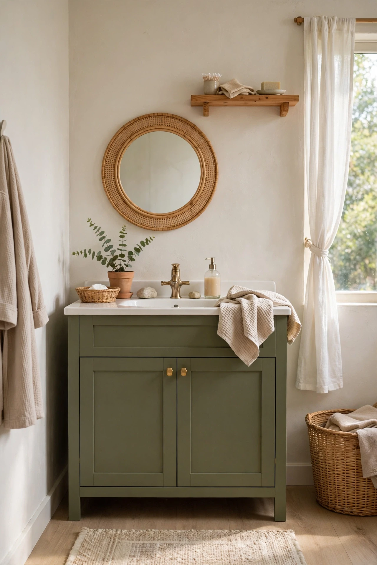 Calm neutral bathroom with olive vanity as the single strong colour