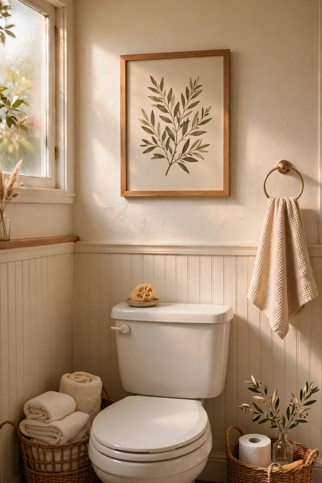 Framed botanical print in olive tones above a bathroom toilet