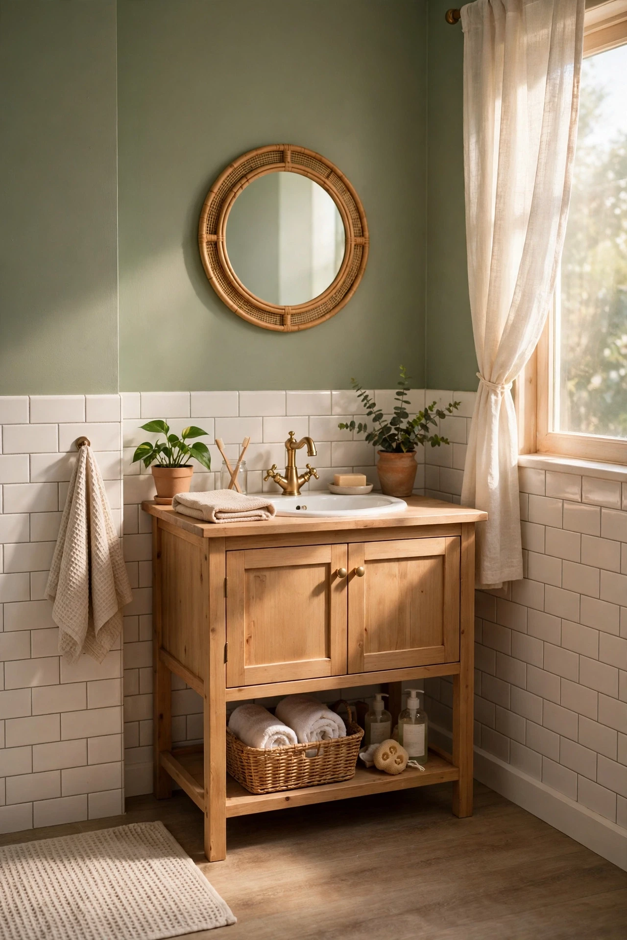 Bathroom walls painted soft sage green with white tiles and natural light