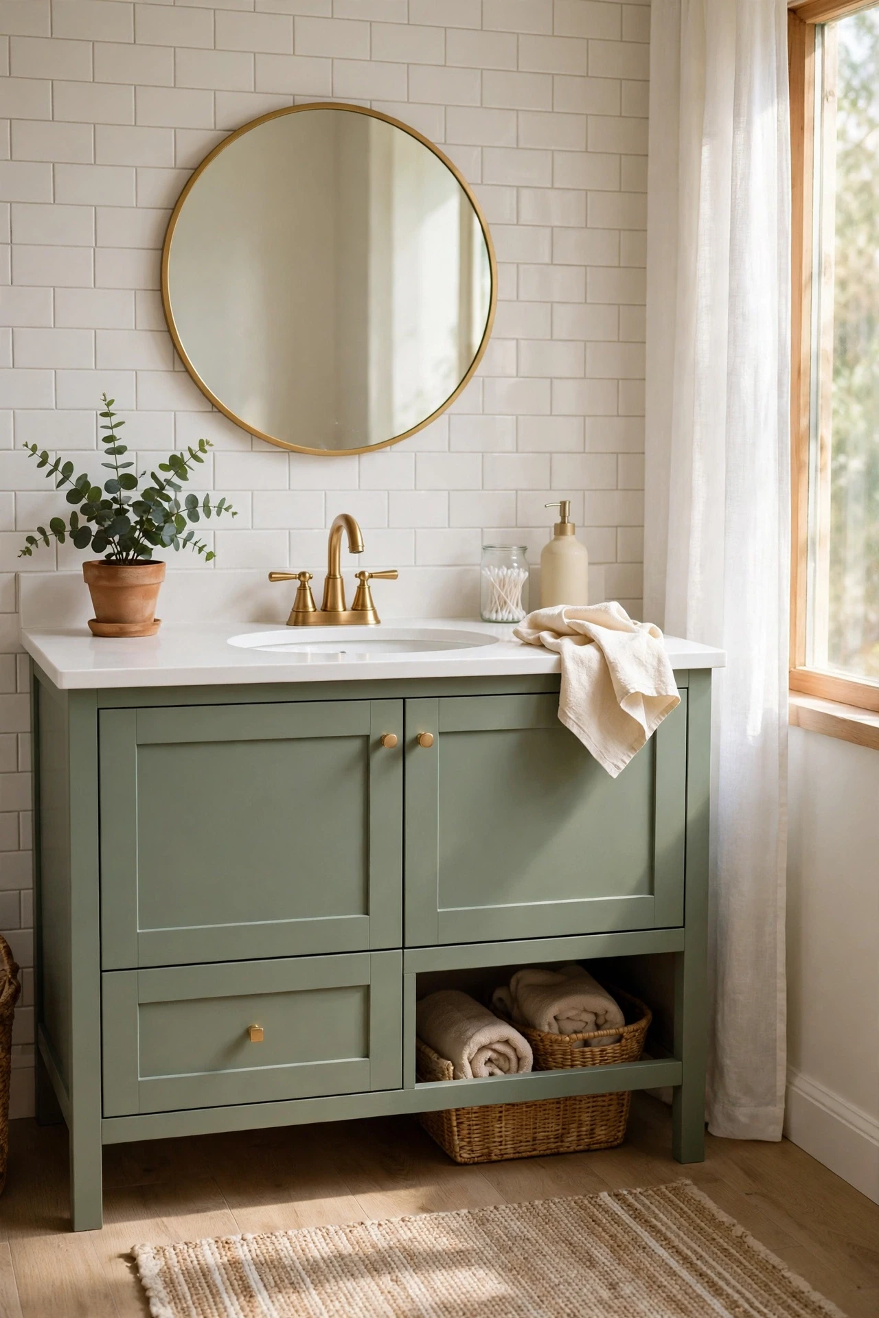 Sage green bathroom vanity with crisp white counter and brass faucet