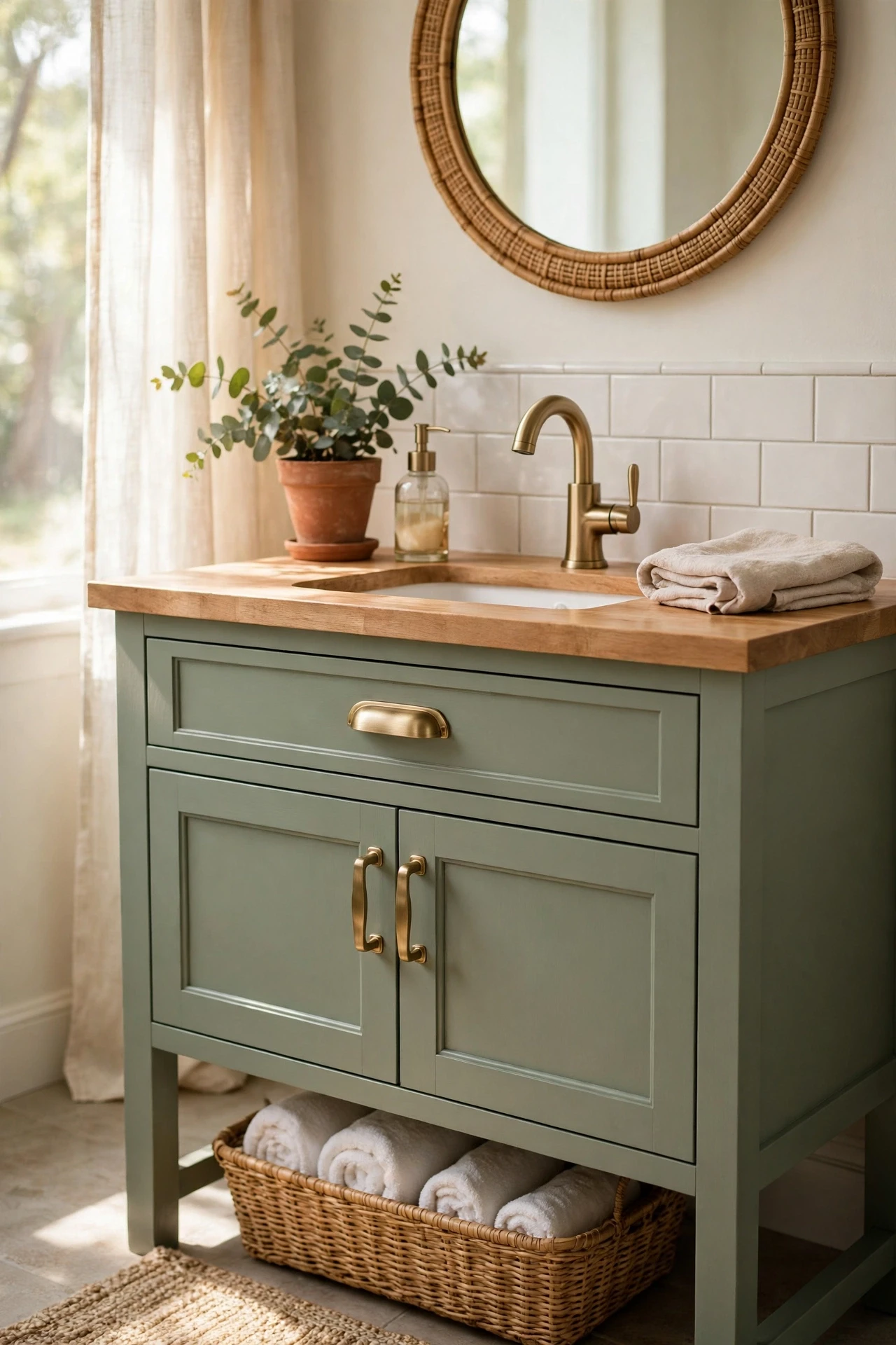 Brushed brass faucet and hardware on a sage green bathroom vanity