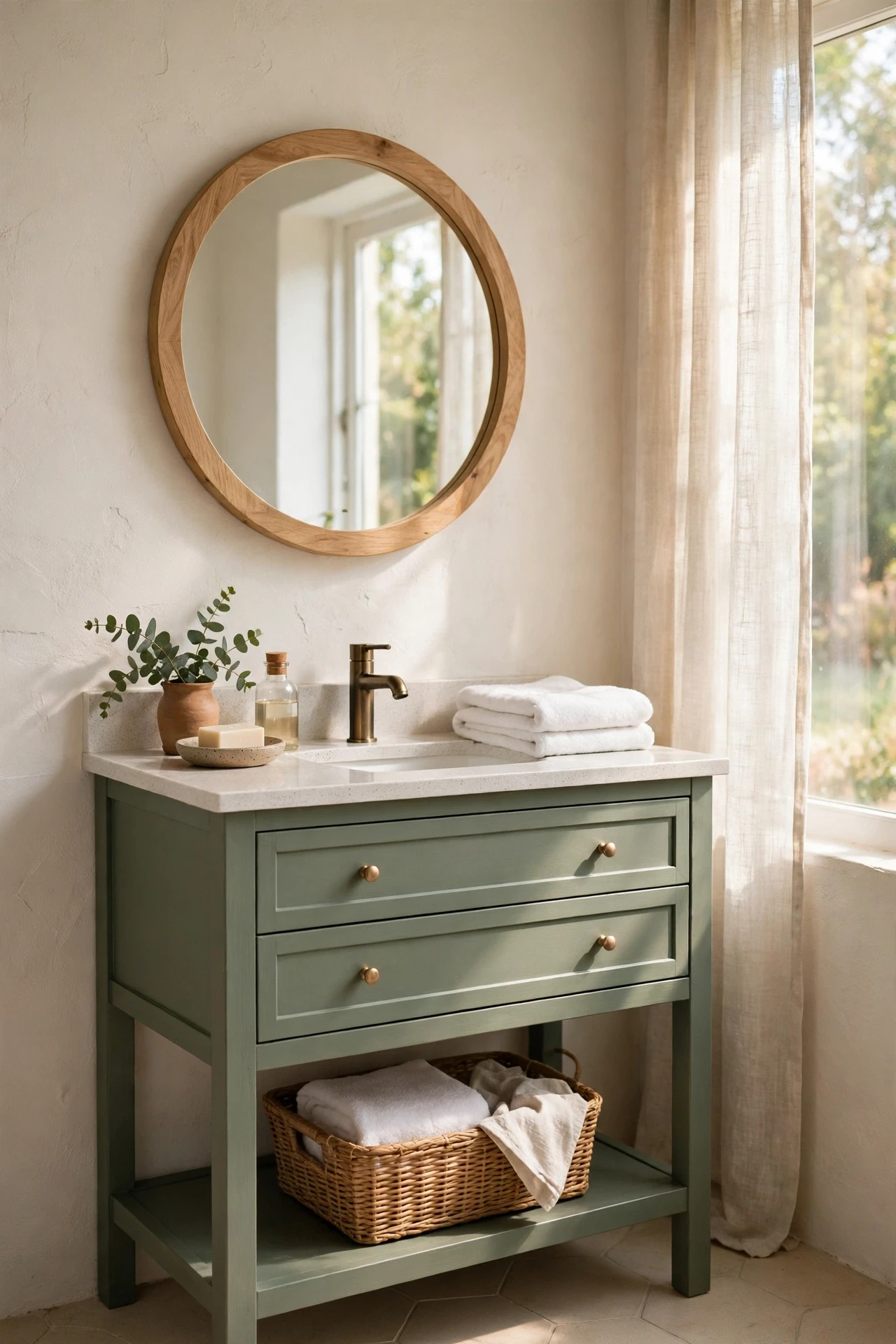 Round mirror with light wooden frame hanging over a sage bathroom vanity