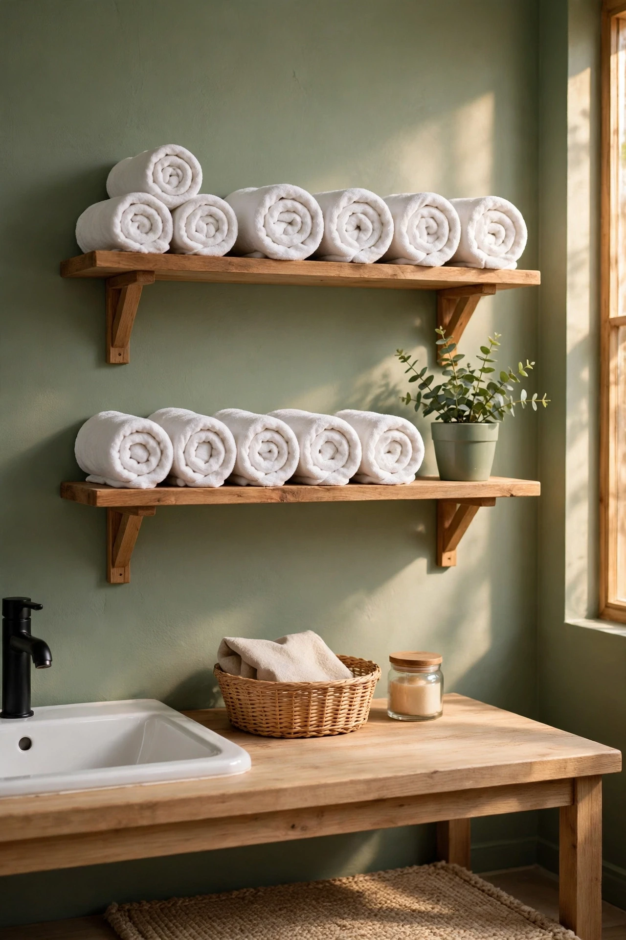 Open wooden shelves holding rolled white towels in a sage bathroom
