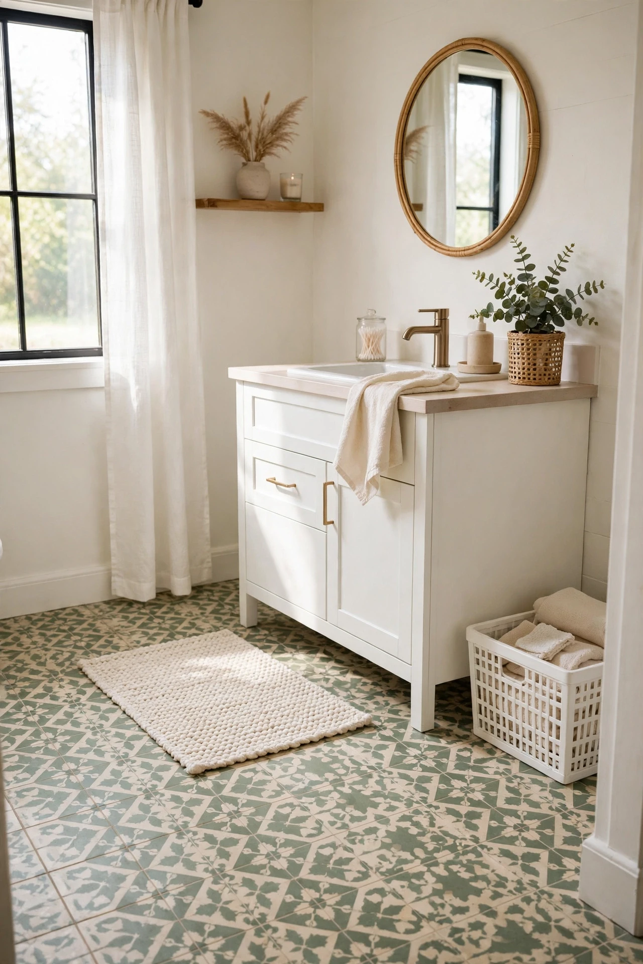 Patterned sage and cream floor tiles in a bright modern bathroom