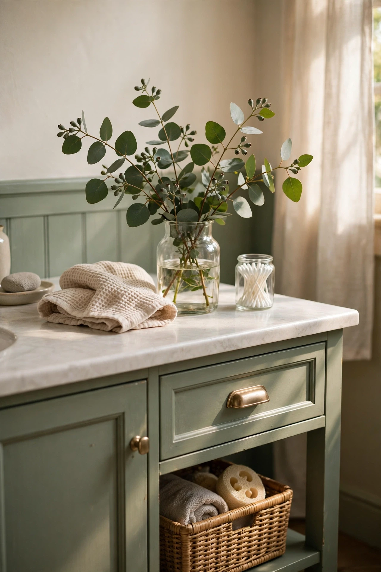 Eucalyptus stems in a glass vase on a sage bathroom vanity