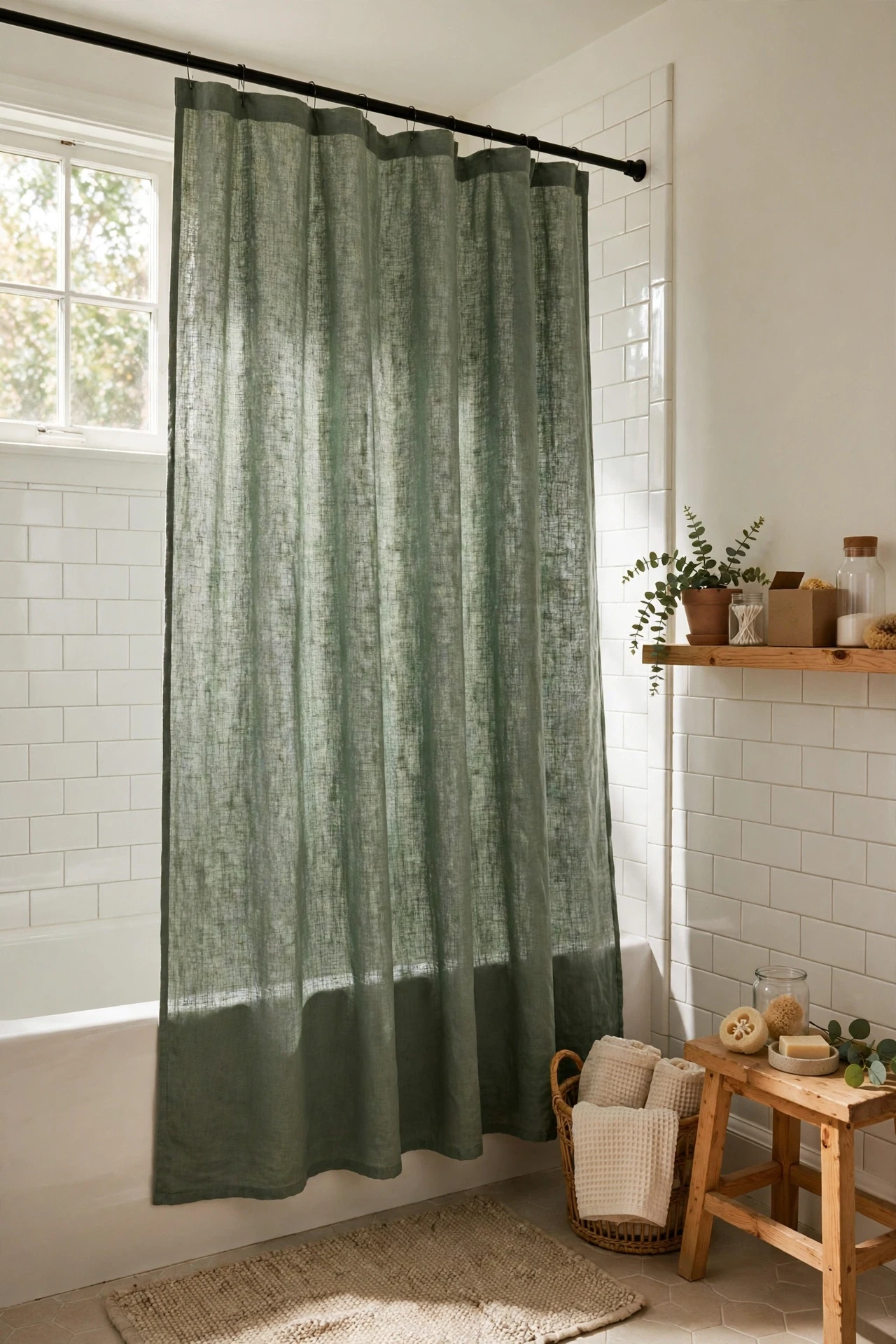 Sage linen-look shower curtain hanging high in a bright bathroom
