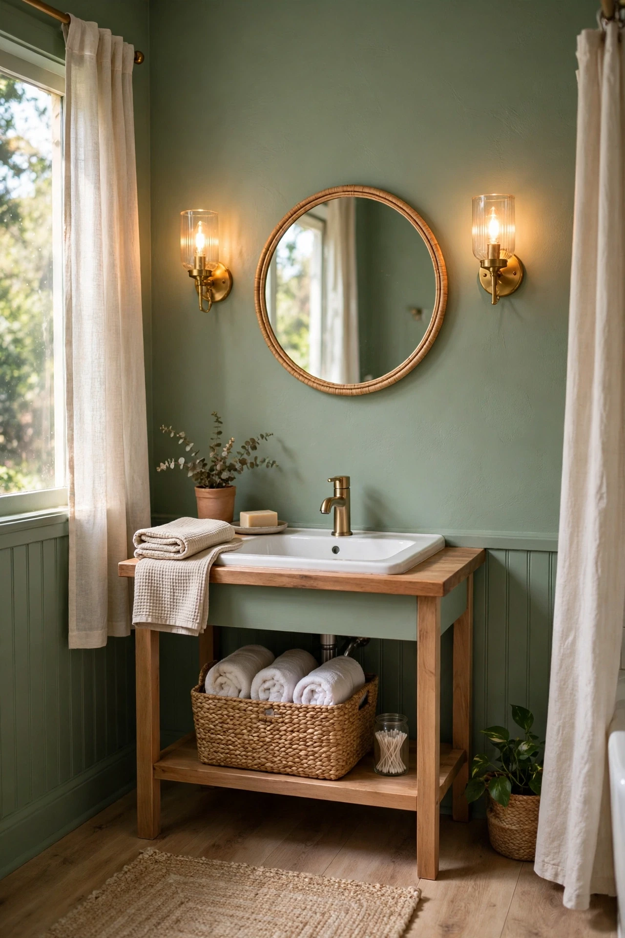 Warm wall sconces glowing beside a bathroom mirror in a sage bathroom