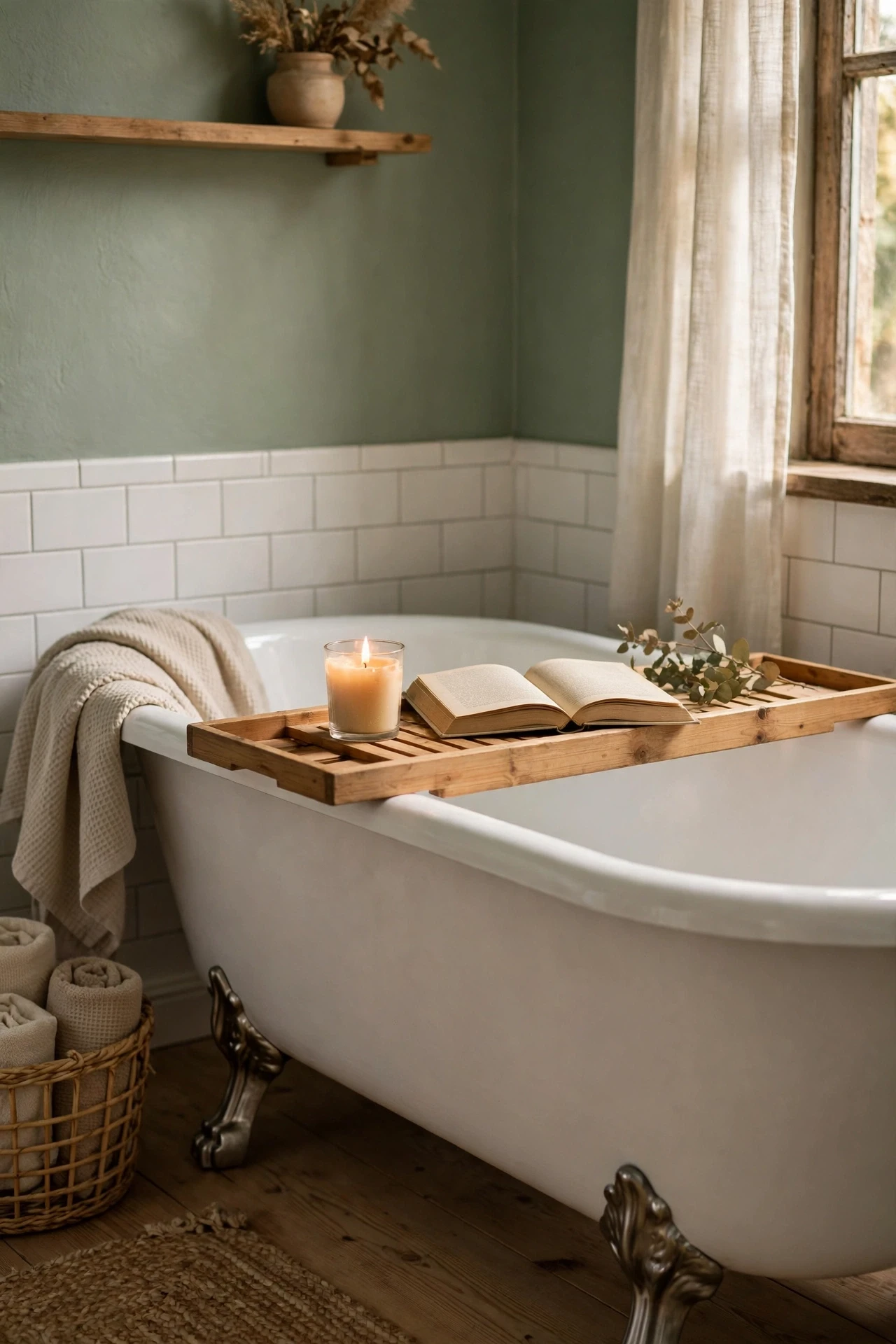 Wooden bath tray with candle and book across a bathtub in a sage bathroom