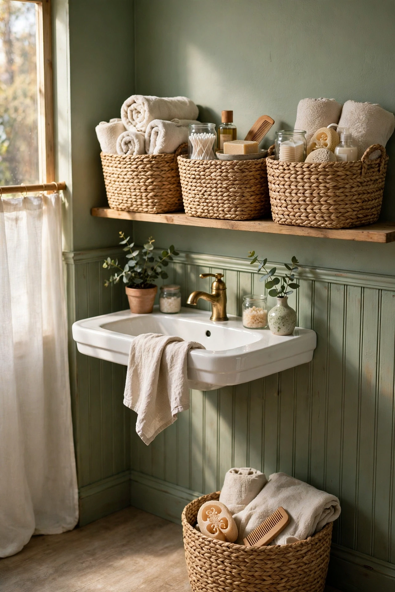 Woven seagrass baskets storing towels and toiletries in a sage bathroom