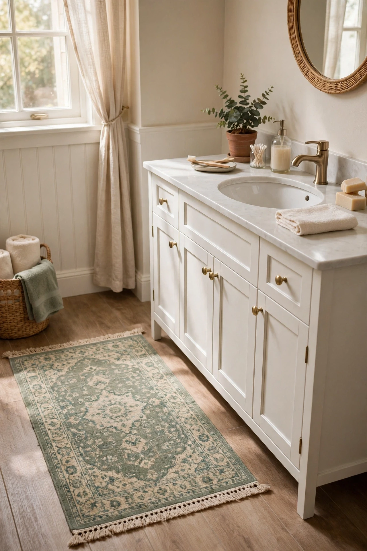 Sage vintage-pattern runner rug beside a bathroom vanity