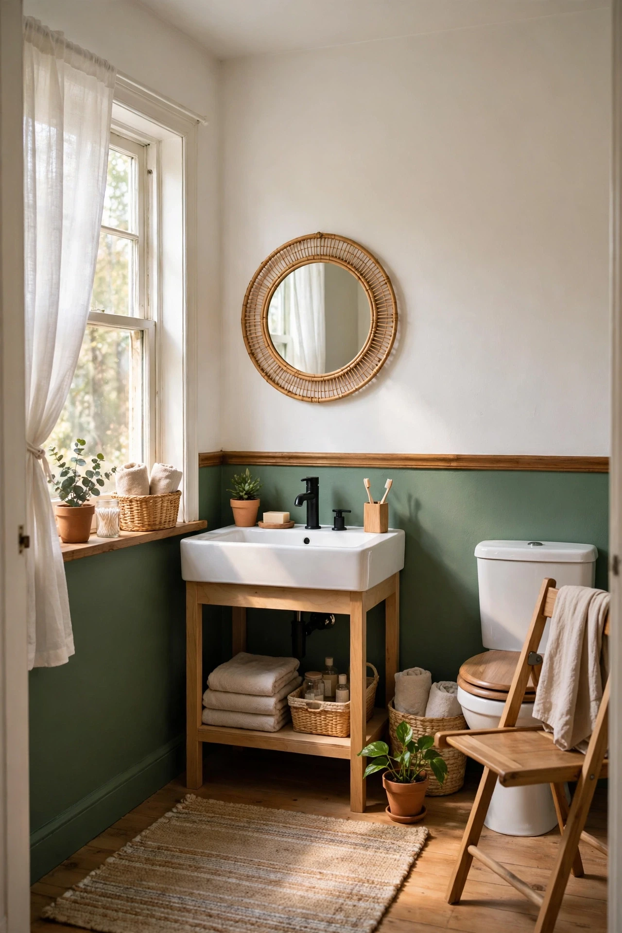 Bathroom with lower walls painted deep sage and upper walls white