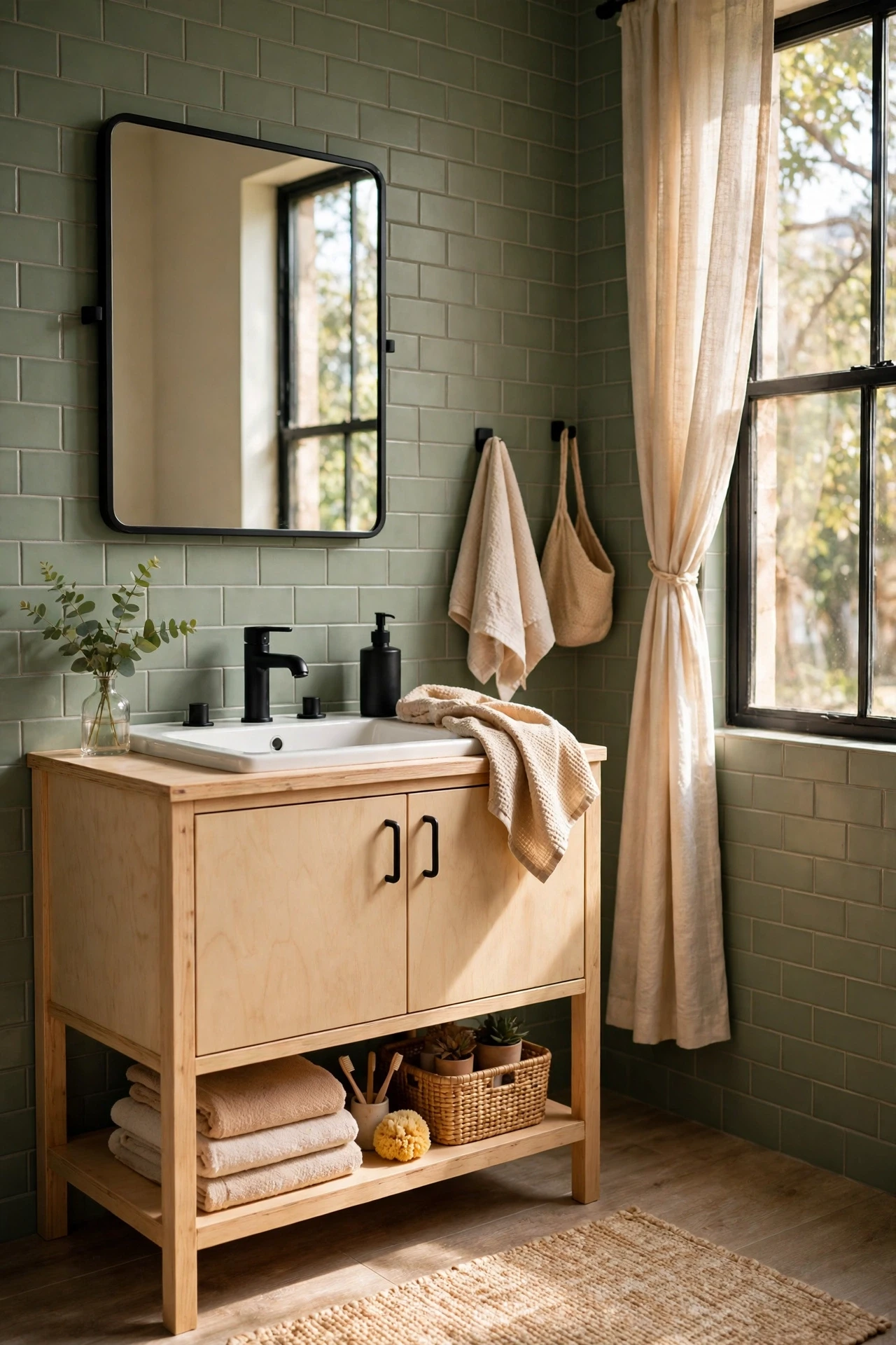Sage subway tiles with matte black faucet and fixtures in a modern bathroom