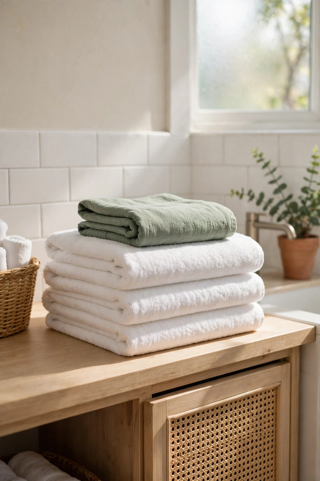 Stack of white towels topped with a sage hand towel in a bathroom