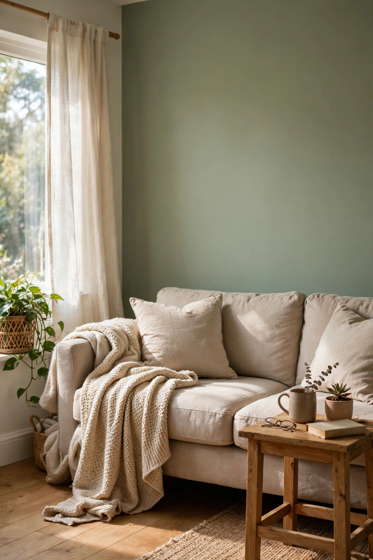 Living room with one sage green painted accent wall behind a beige sofa and white trim