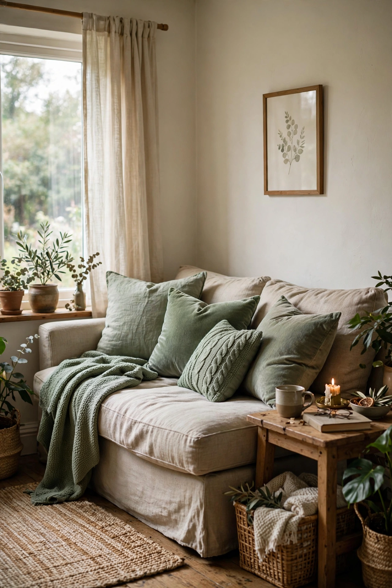 Sage green linen throw pillows in mixed textures on a neutral budget sofa