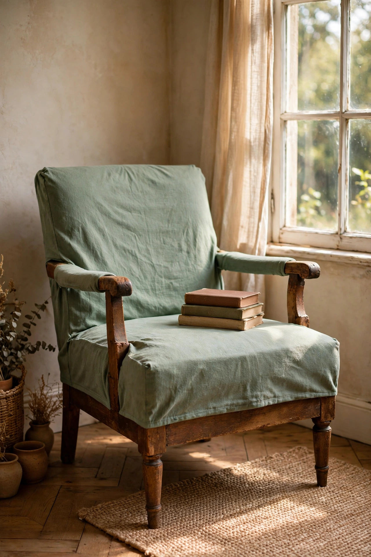 Thrifted wooden armchair with a sage green slipcover in a budget living room