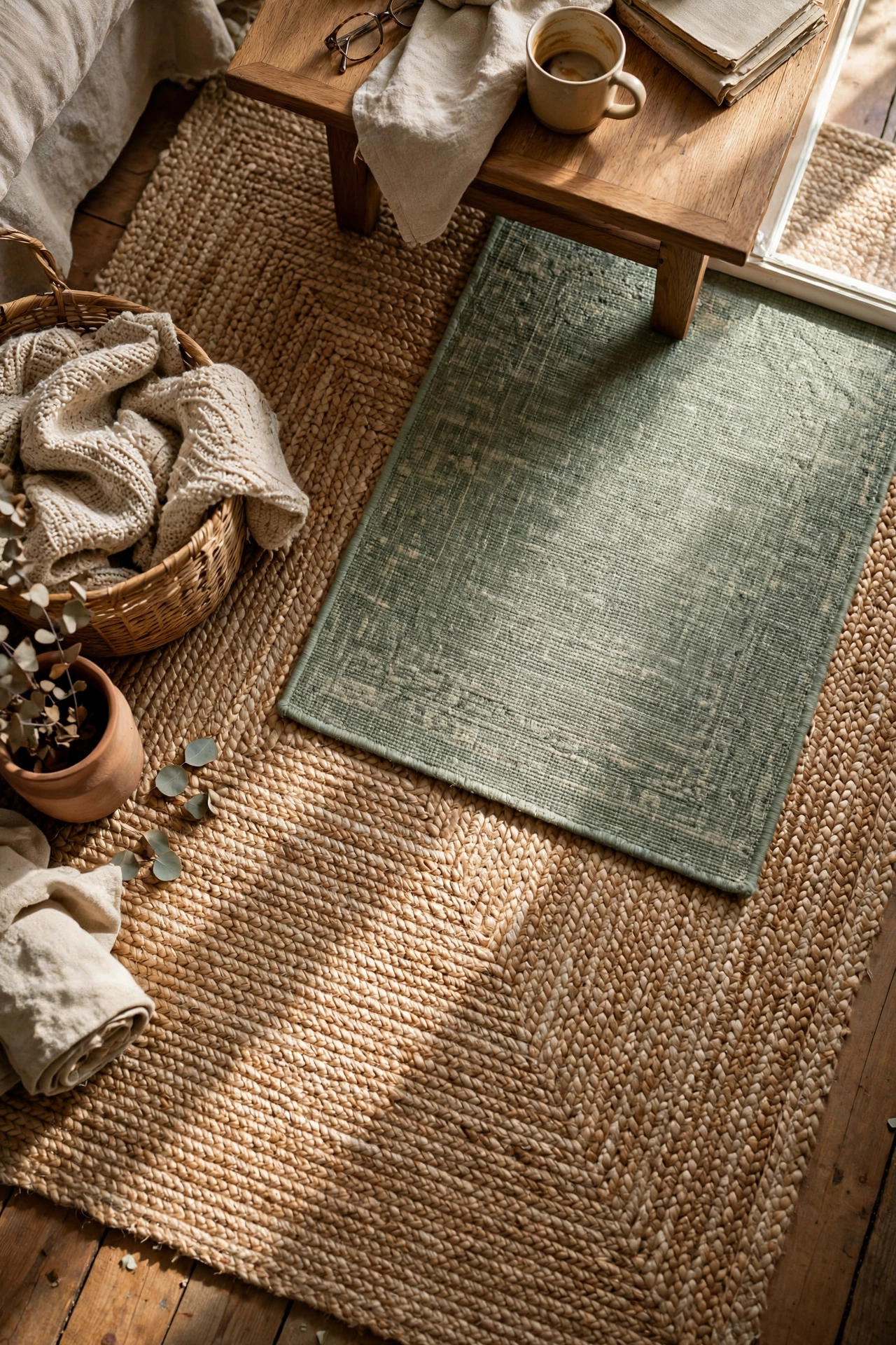 Small sage green rug layered over a larger jute rug in a budget living room
