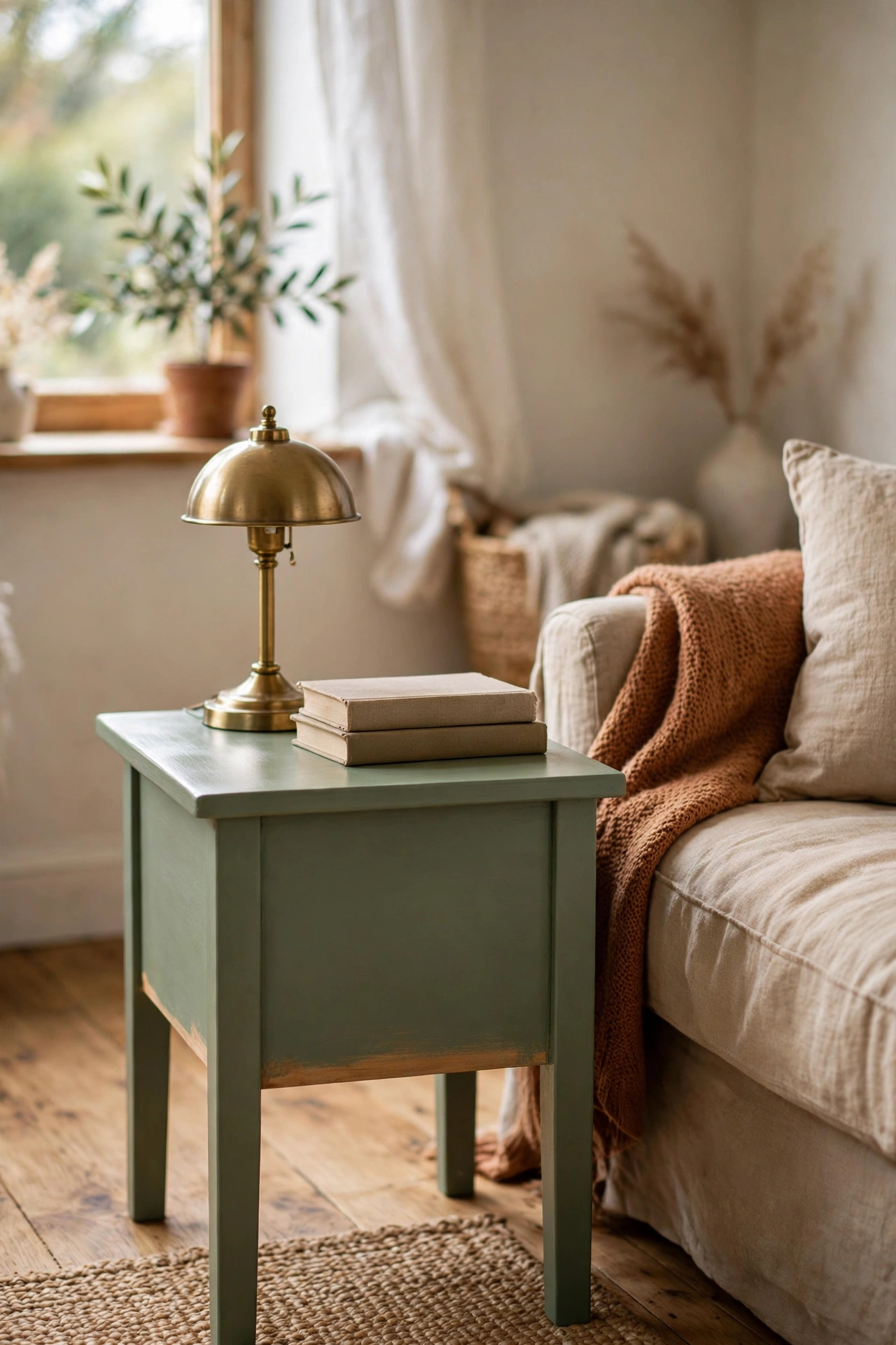 Scratched wooden side table painted sage green with a small lamp on top
