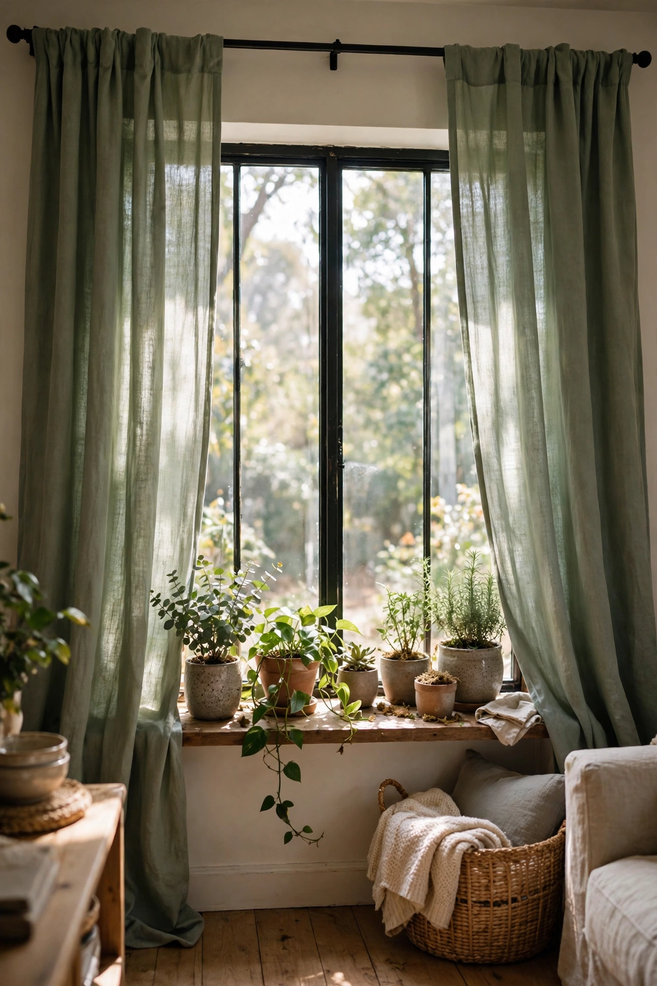 Sage green curtain panels hung high and wide on a living room window