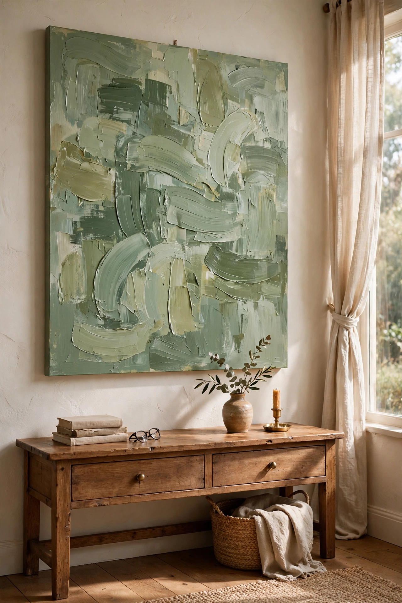 DIY sage green abstract canvas painting hanging over a living room console table