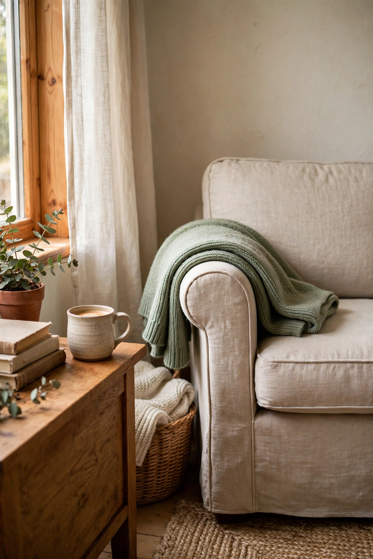 Sage green knit throw blanket folded over the arm of a reading chair