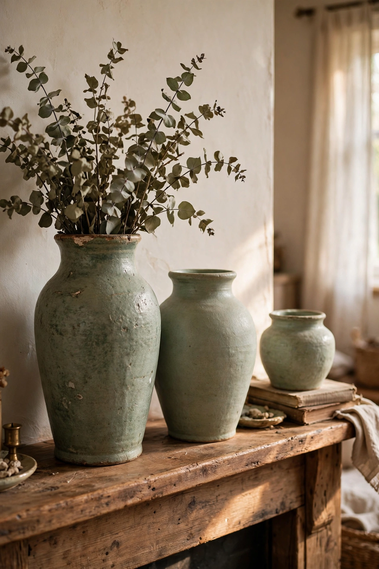 Three thrifted sage green ceramic vases of different heights on a living room mantel