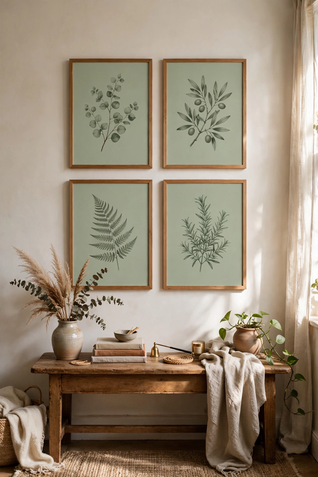 Gallery wall of sage botanical prints in matching frames on a living room wall